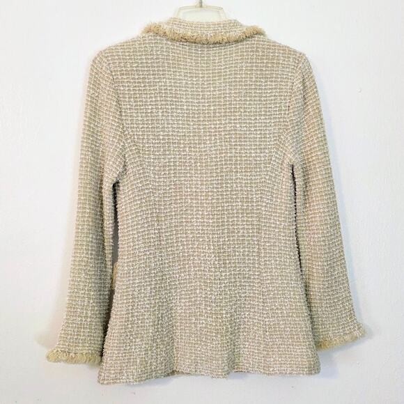 St. John Tweed Fringe Knit Rose Button Front Shoulder Pad Tailored Blazer Jacket - Picture 4 of 9